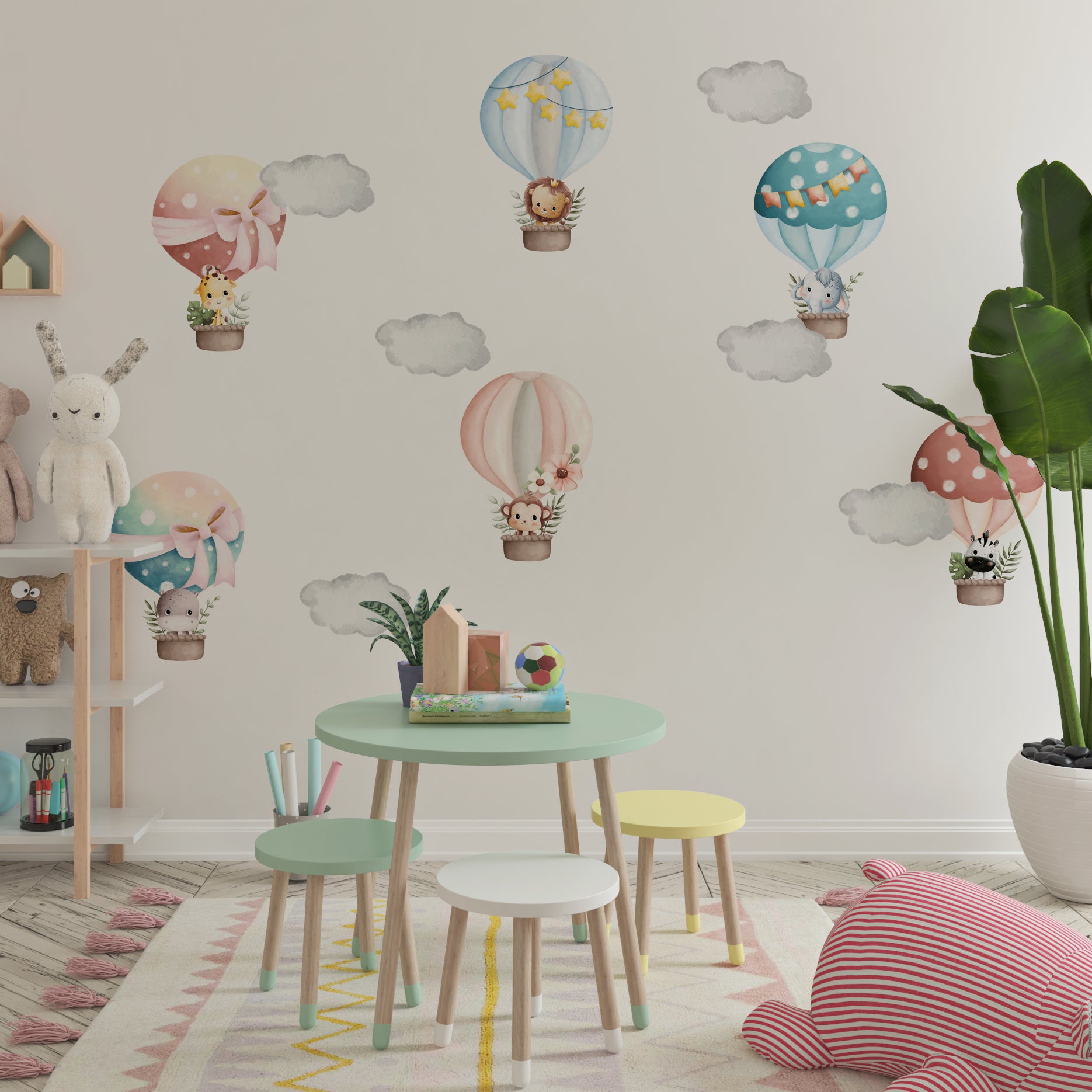 Colorful Hot Air Balloons with Animals Textile Decals
