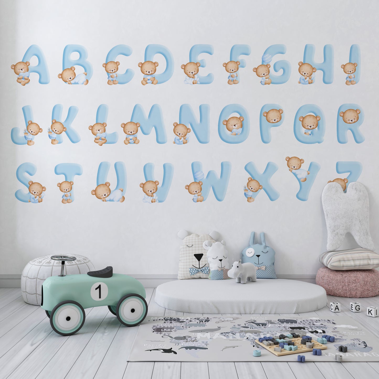 Blaue Buchstaben mit Bären