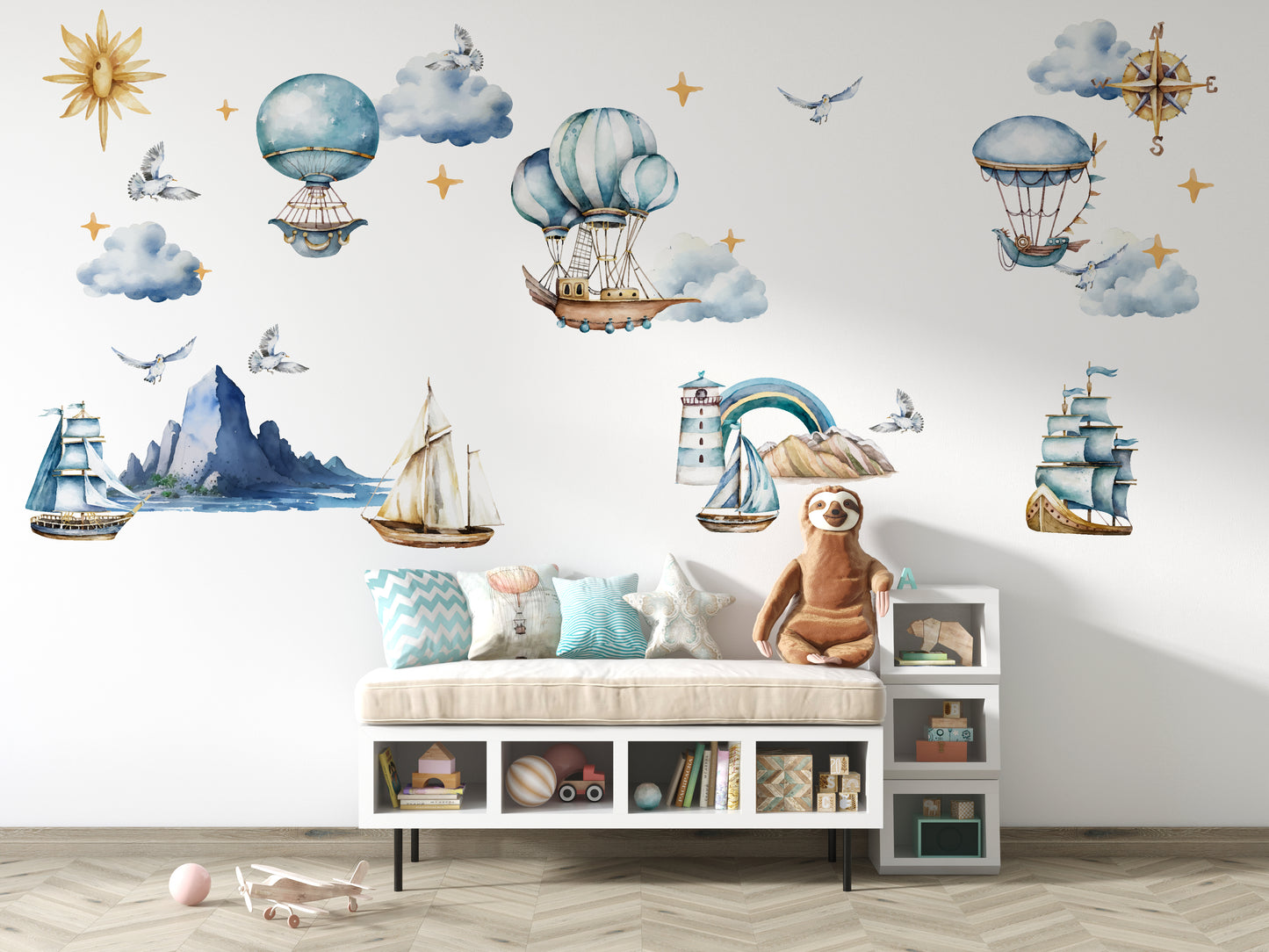 Nursery room adorned with our textile decals, featuring vintage ships and hot air balloons, creating a whimsical travel-themed ambiance.