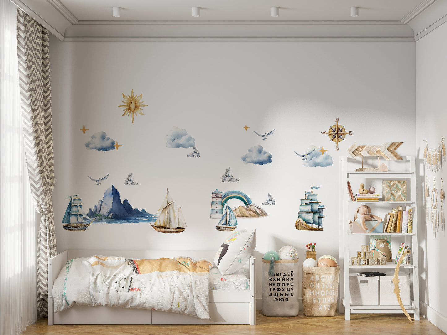 Nursery room adorned with our textile decals, featuring vintage ships and hot air balloons, creating a whimsical travel-themed ambiance.