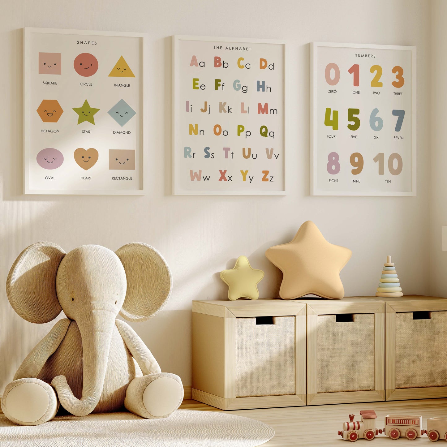 Colorful Educational Posters: Numbers, Shapes, & Alphabet