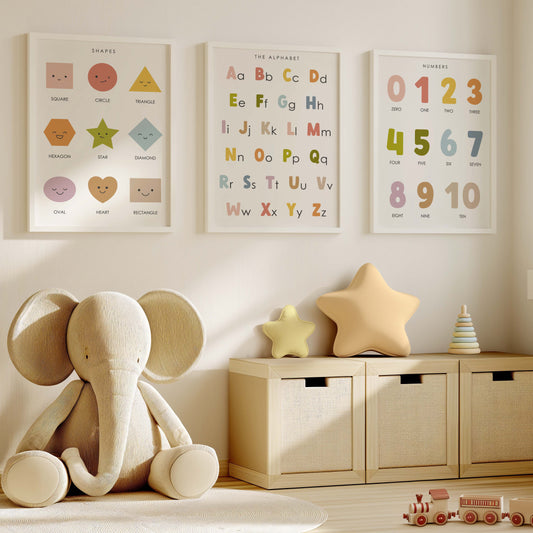 Colorful Educational Posters: Numbers, Shapes, & Alphabet