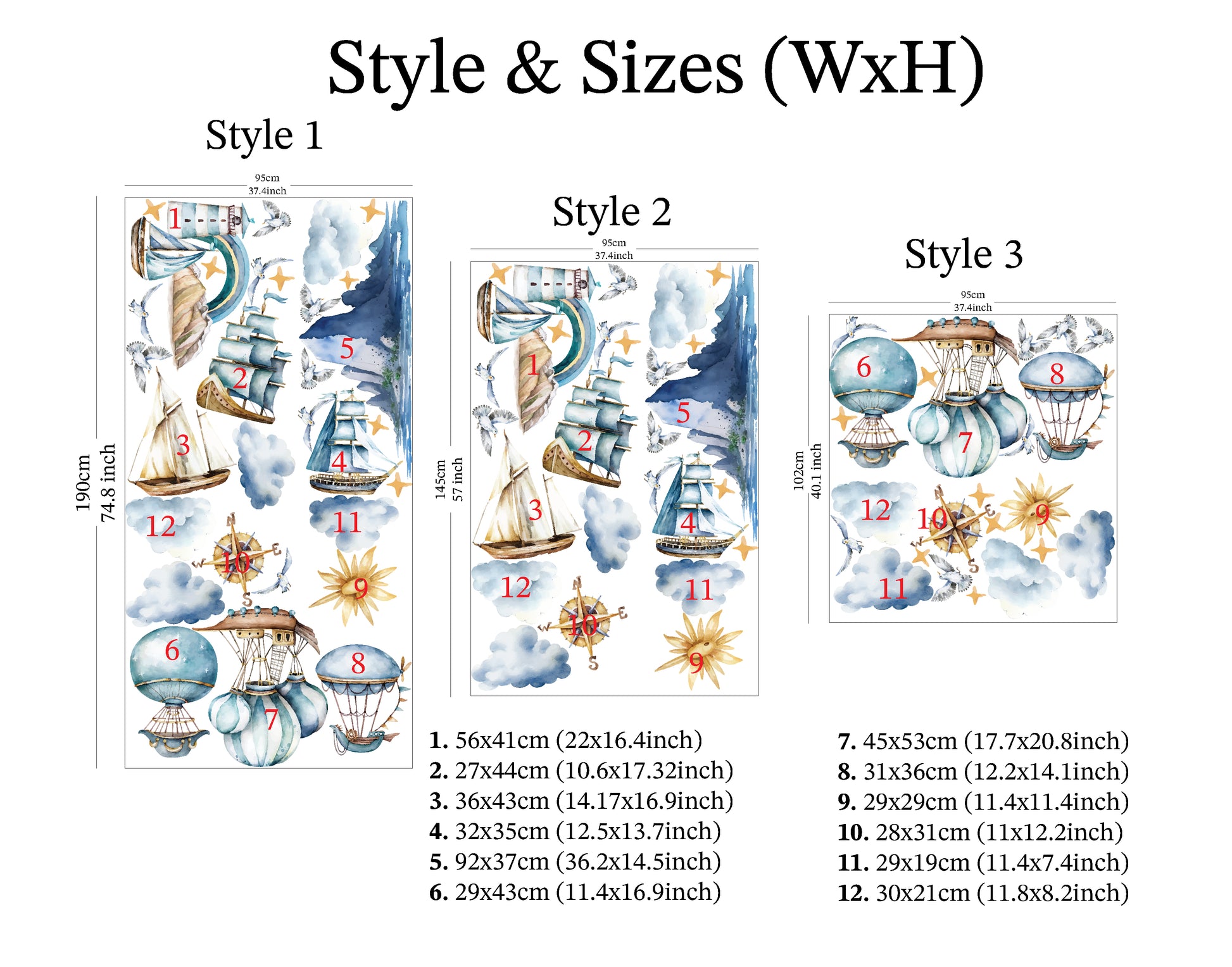 Textile Decals Sizes and Style of vintage ships and hot air balloons, creating a whimsical travel-themed ambiance
