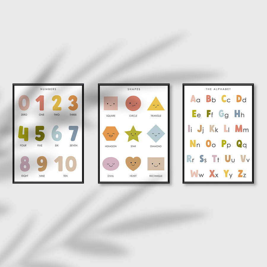 Colorful Educational Posters: Numbers, Shapes, & Alphabet