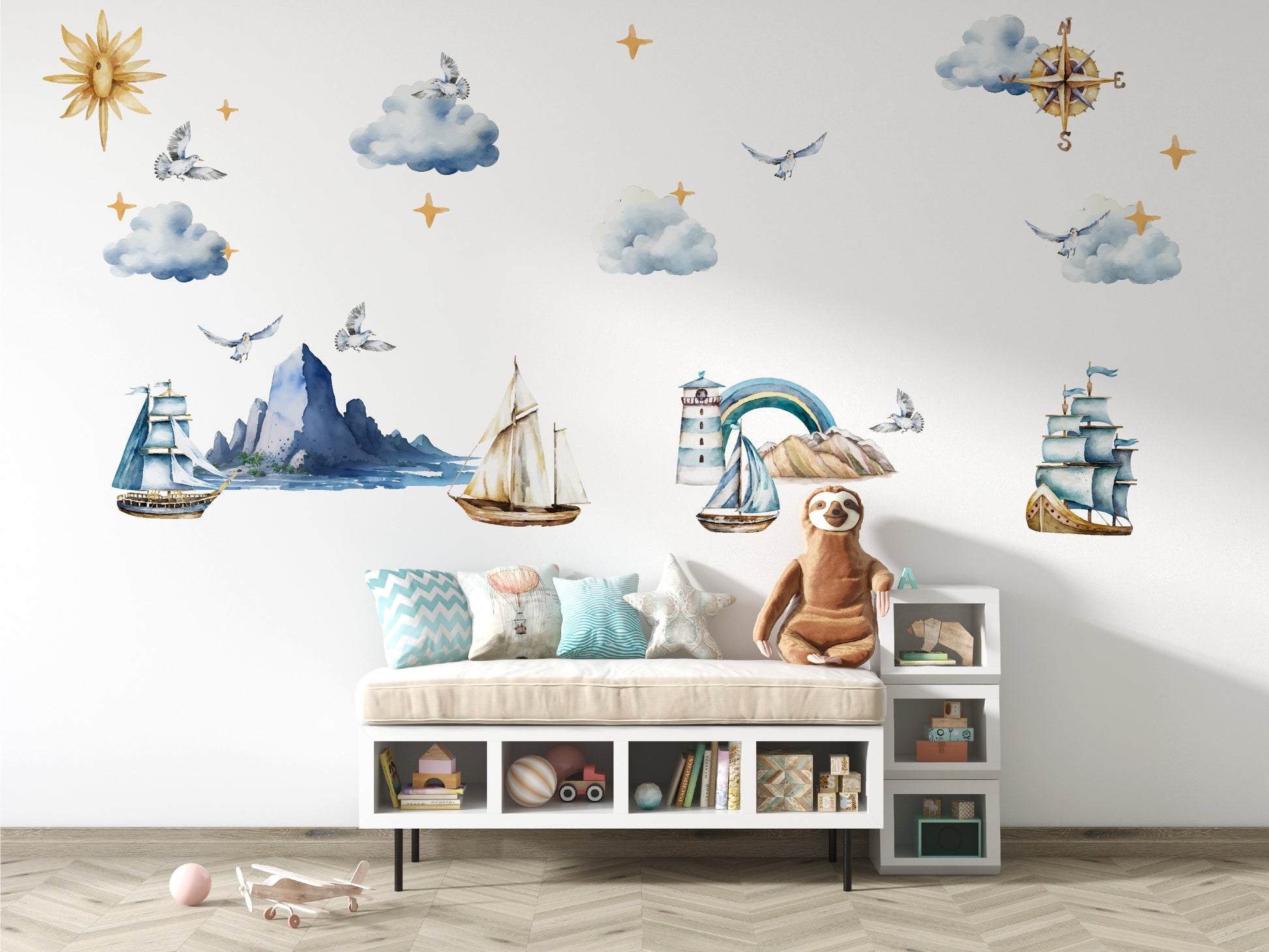 Nursery room adorned with our textile decals, featuring vintage ships and hot air balloons, creating a whimsical travel-themed ambiance.