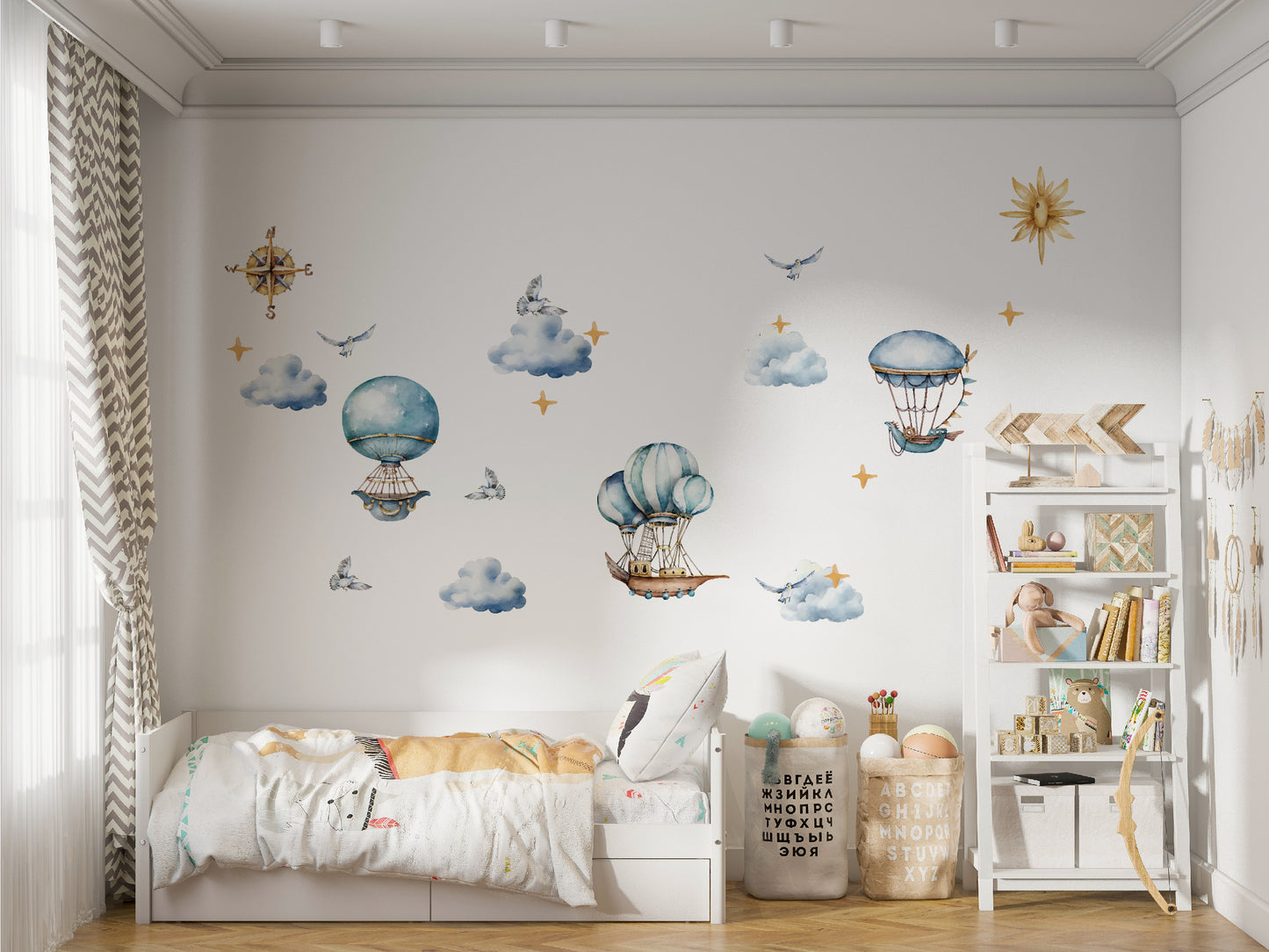 Nursery room adorned with our textile decals, featuring vintage ships and hot air balloons, creating a whimsical travel-themed ambiance.