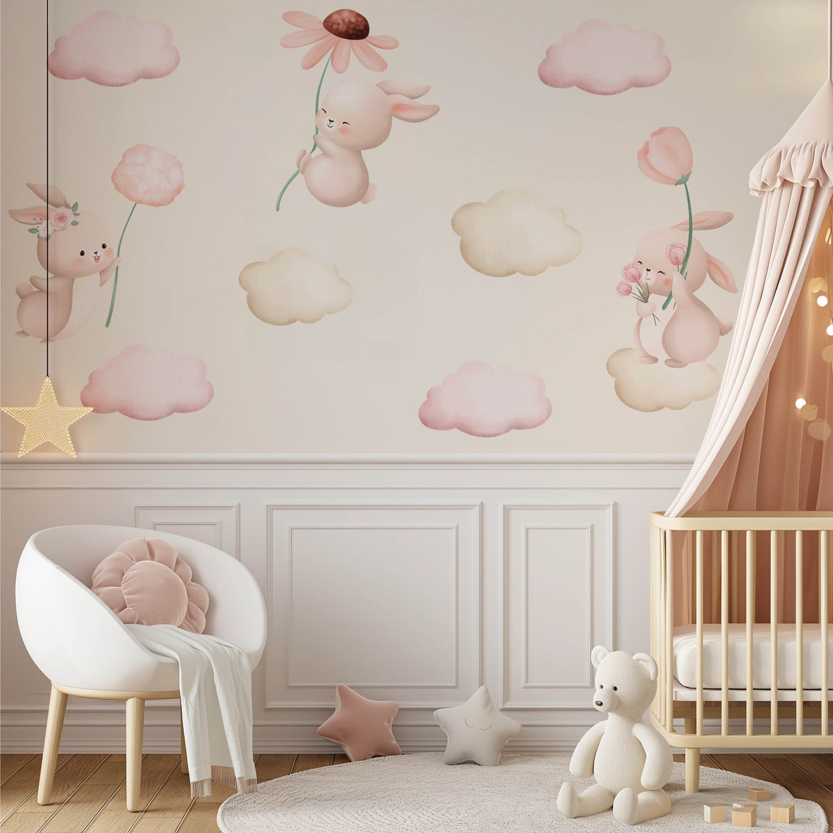 Nounours en parachutes roses — Sticker mural pour chambre d'enfant
