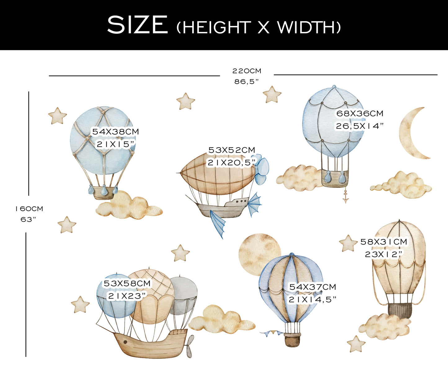 Blau Boho Heißluftballons