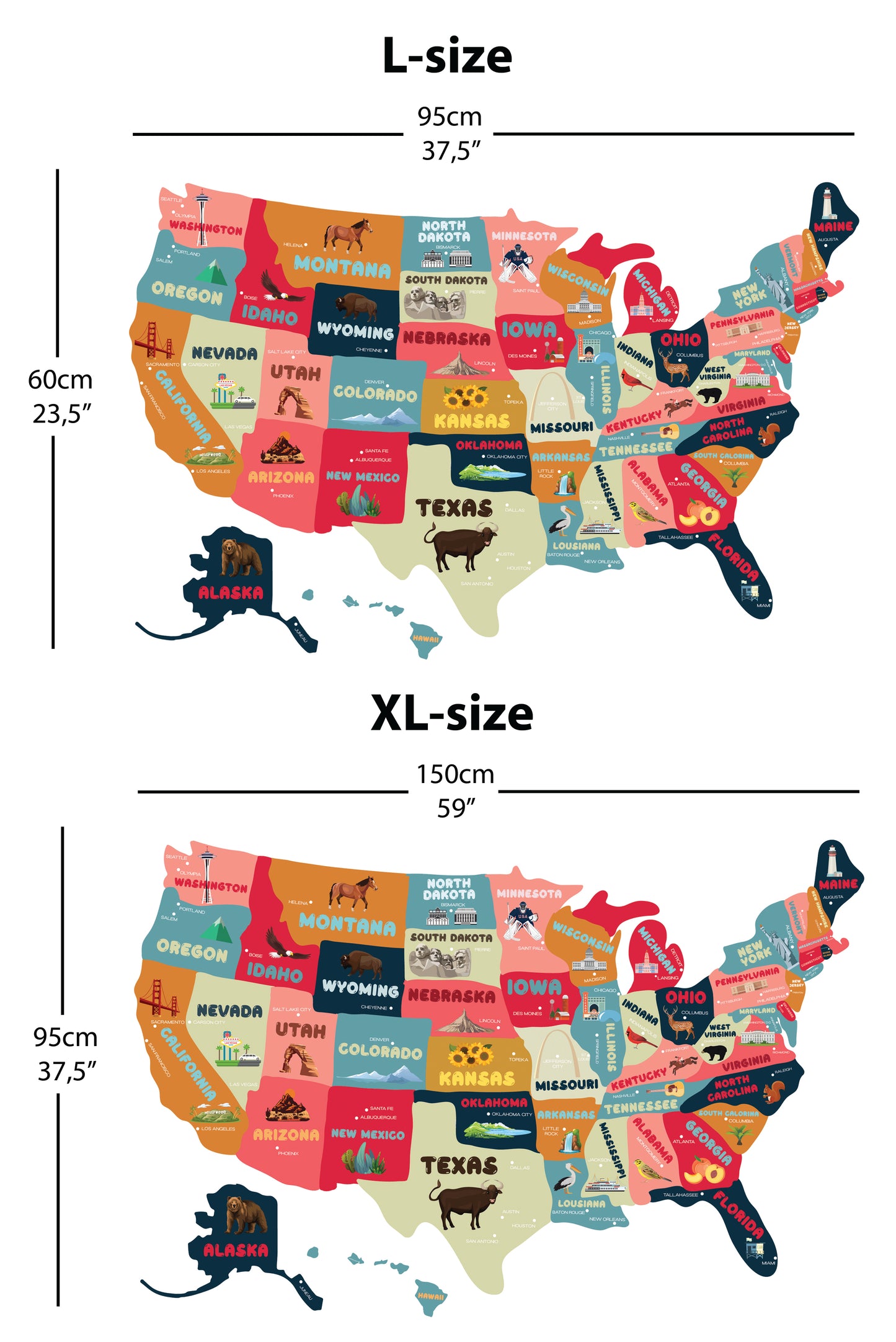 Colorata mappa degli Stati Uniti con capitali