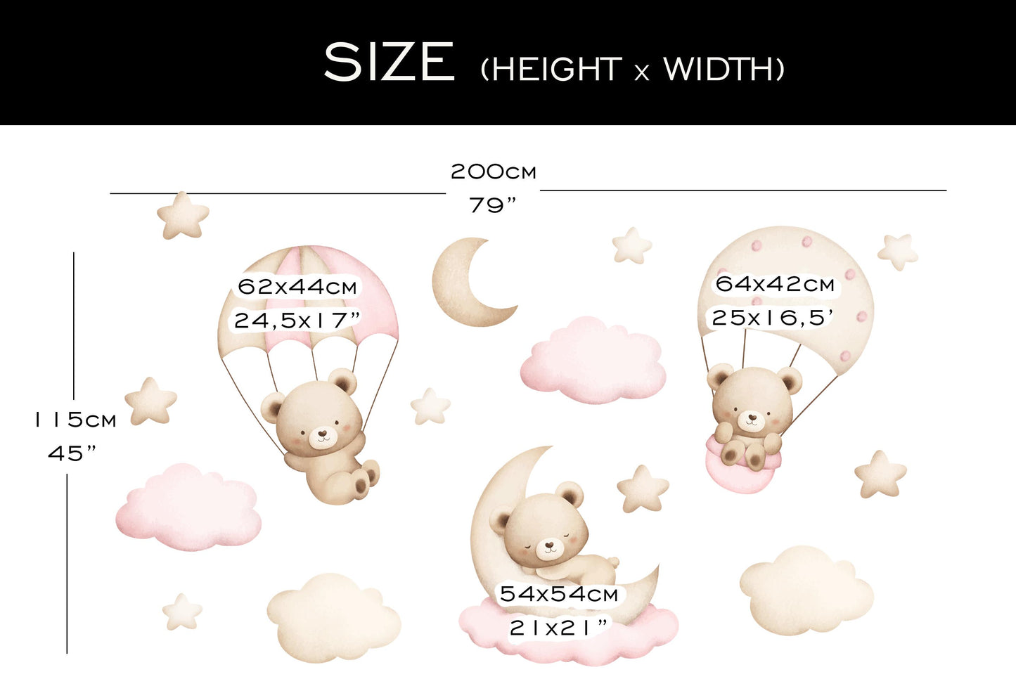 Teddy Bears on Pink Parachutes Wall Decals