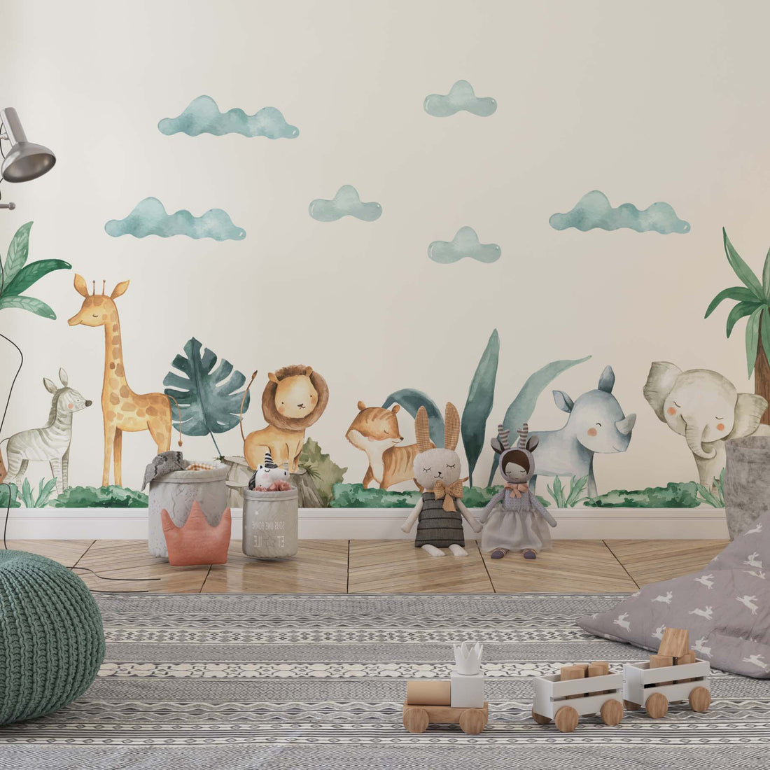 alt
Safari-Kinderzimmer in Savannen-Farbpalette mit Aquarell-Tierwandstickern