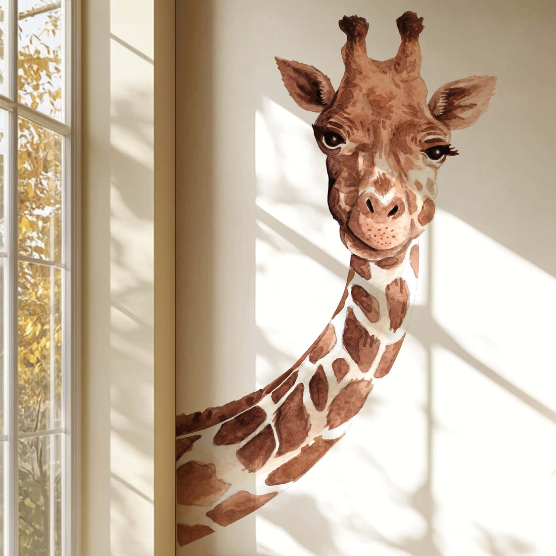 Piccola cameretta safari con adesivo murale di giraffa che sbircia
