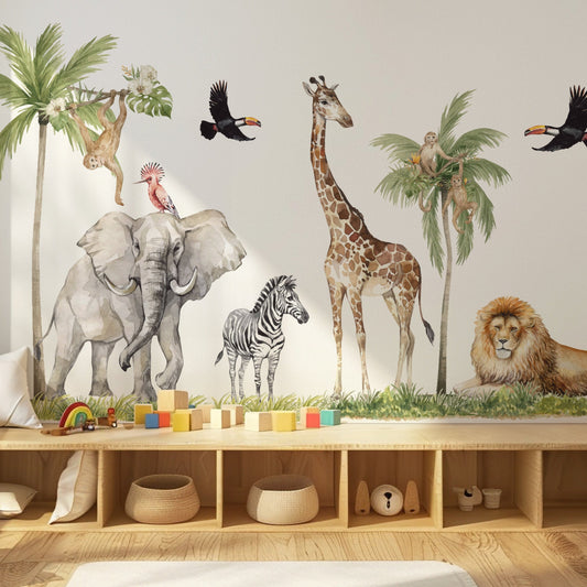 alt
Safari-Kinderzimmer mit Aquarell-Savannentier-Wandaufklebern über dem Kinderbett