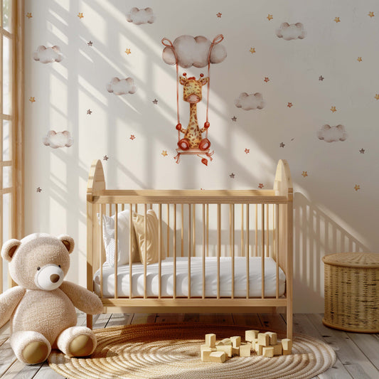 Safari-Kinderzimmer für Mädchen mit Giraffe auf der Schaukel als Wandtattoo