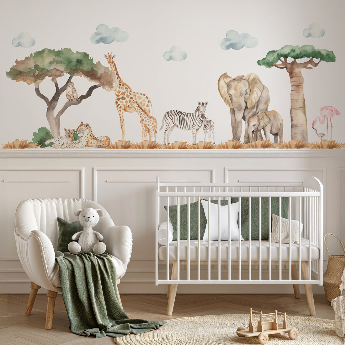 Peel and stick safari animal wall decals in a nursery