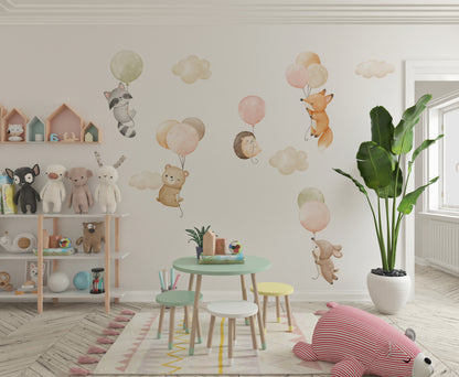 Pegatinas de pared de animales pastel sobre globos