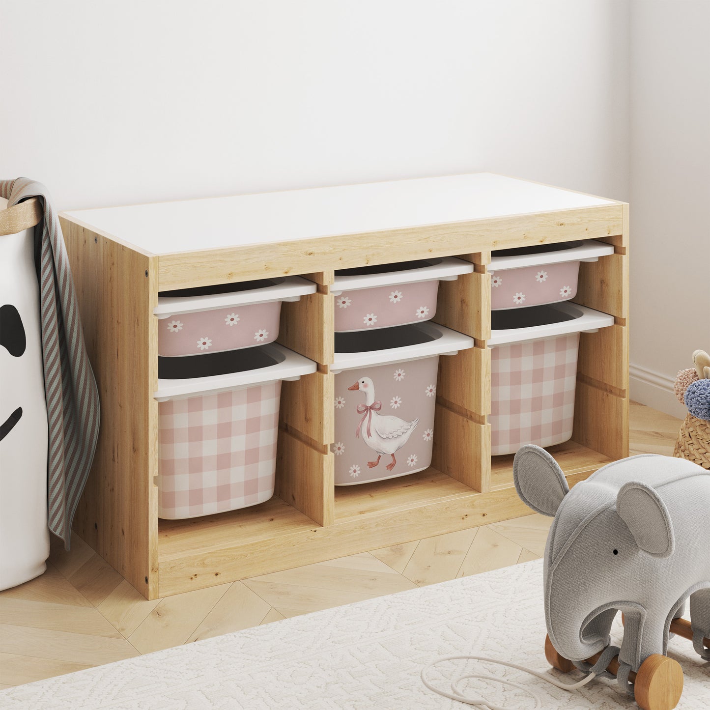 IKEA Trofast Stickers — Pink Daisy Goose | Nursery Decal Set for Trofast Storage