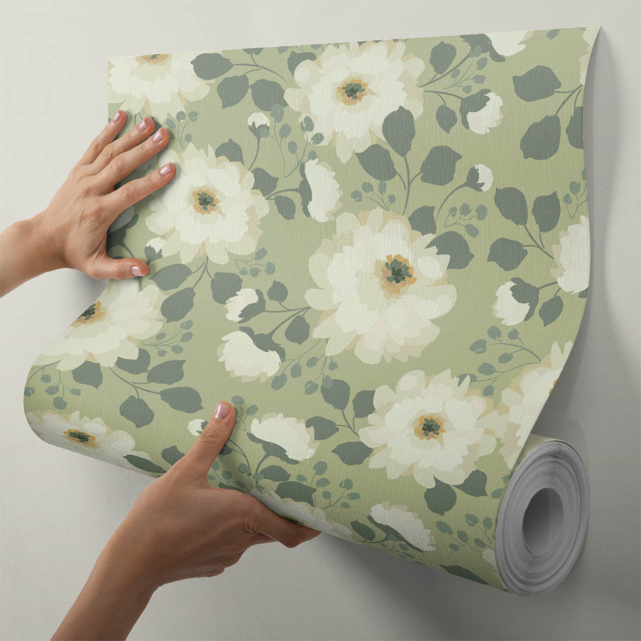 NulaLuna wallpaper sample held against a wall - textured matt surface, true colour