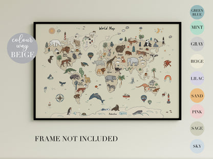 Kids world map poster with animals by NulaLuna Crafts