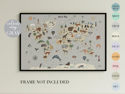Animal world map nursery wall art, hand-painted watercolour