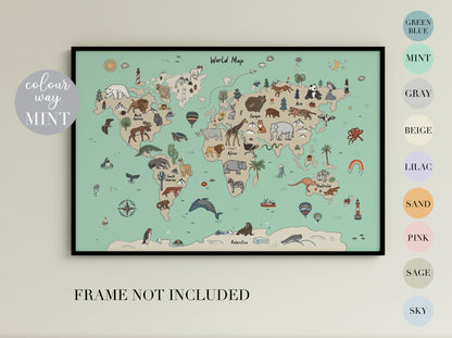 World map with animals educational poster for children