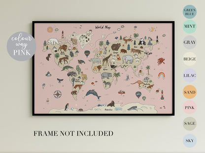 Animal world map wall print for a children's bedroom