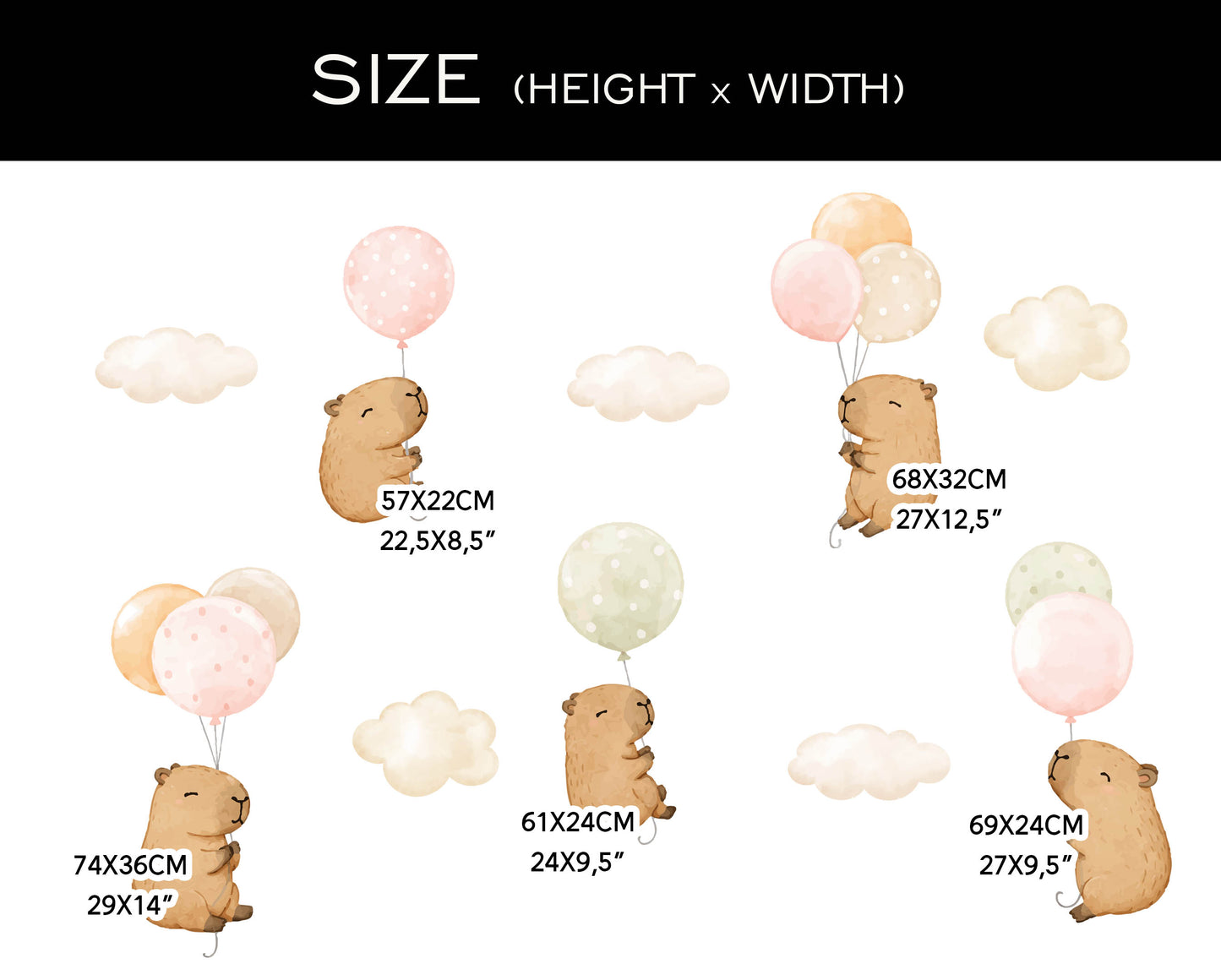 Capybaras on Balloons Wall Decals