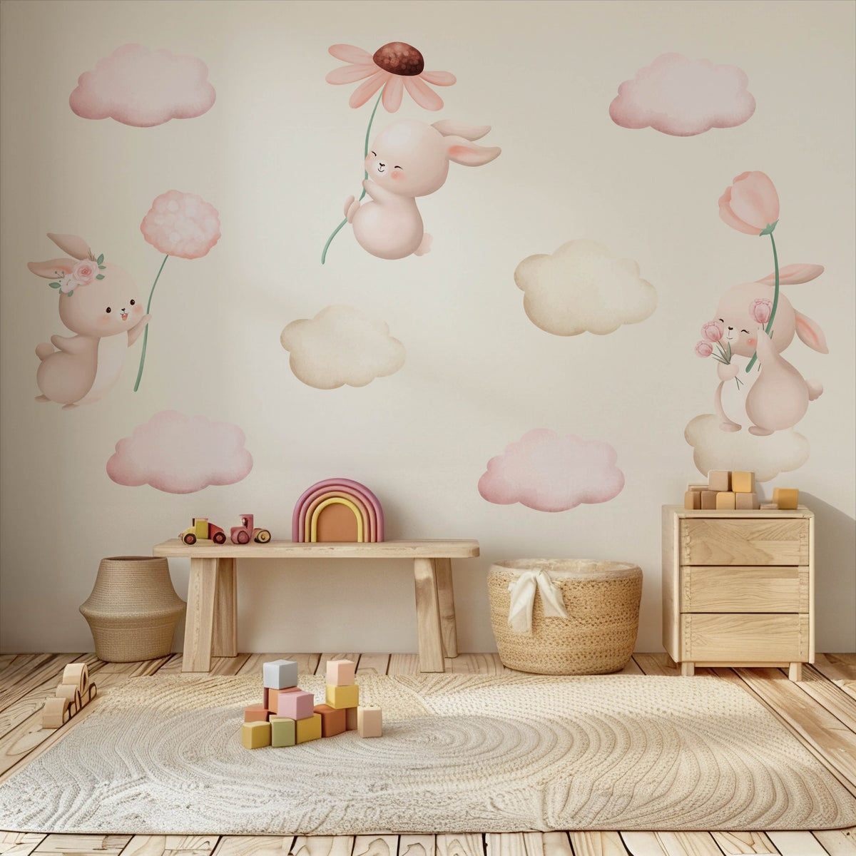 Nounours en parachutes roses — Sticker mural pour chambre d'enfant