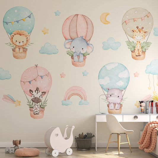 Pastel Hot Air Balloons with Animals Wall Decals